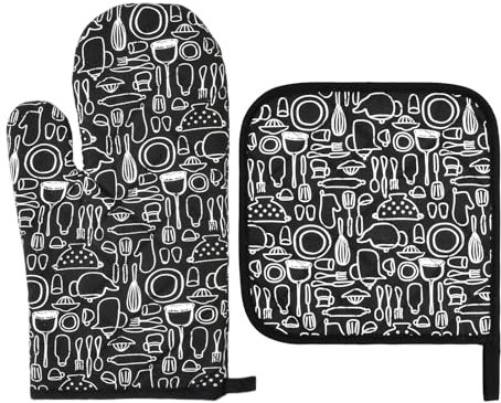 volumoon Ofenhandschuhe und Topflappen Set, Backhandschuhe Ofenhandschuhe, Kochhandschuhe Hitzebeständig, Topflappen Set, Baumwolle Kochhandschuhe für Backen (A)
