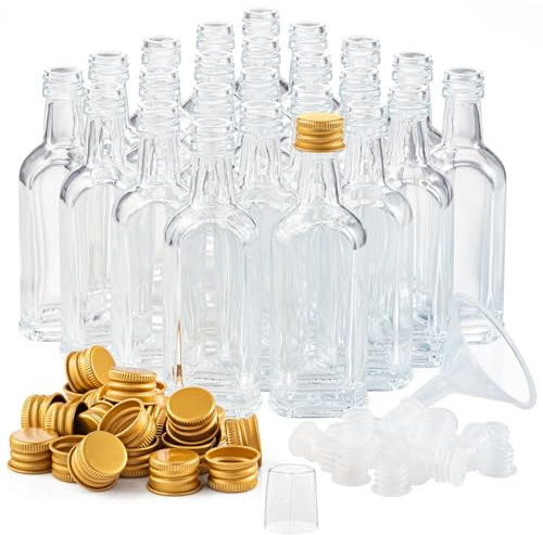 PELLAH GOODS Mini botellas de vidrio pequeñas de 50 ml con tapas doradas a prueba de fugas, tapas de aluminio, paquete de 24, para licor, vino, alcohol, jengibre, muestras decorativas