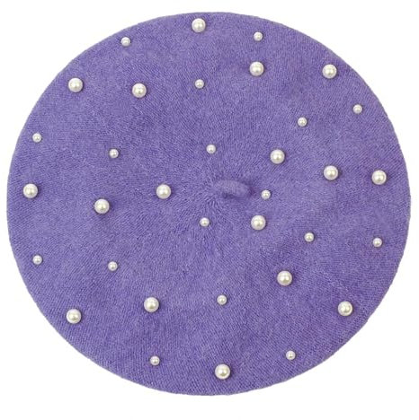FULUJIDI Barett Baskenmützen Mode Perle Beret Hut Für Frauen Warme Einfarbige Retro-Künstler Flach Vintage Cap Lila