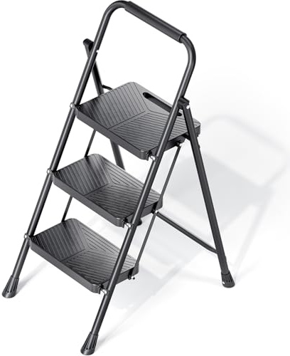 KINGRACK Trittleiter 3 Stufen Klappbar mit Sicherheitsschloss, Anti-Rutsch-Stabilem Klappleiter Tritthocker 150kg Belastbar, Leiter mit Handläufen für Zuhause, Büro, Garten, Küche, Schwarz