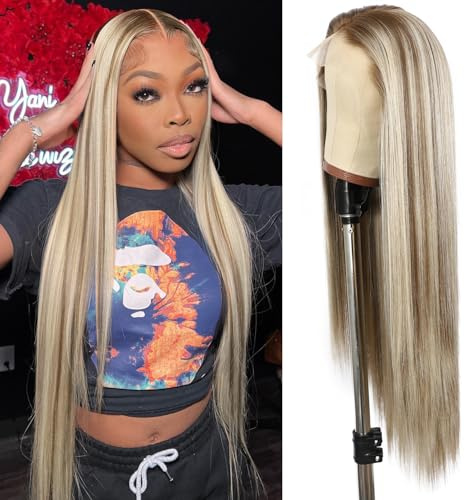 SOMIARIK Wear and Go Glueless Synthetic Lace Front Wigs 13×6 Ombre Blonde with Dark Roots Lace Front Highlight Wig Middle Part Straight Hair Pre plucked with Natural Hairline for Daily Use 26 Inch
