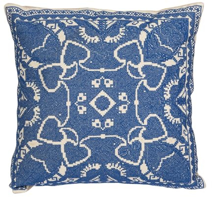 Creative Co-Op, Blue Cotton Pillow with Embroidered Design and Chambray Back, Natural