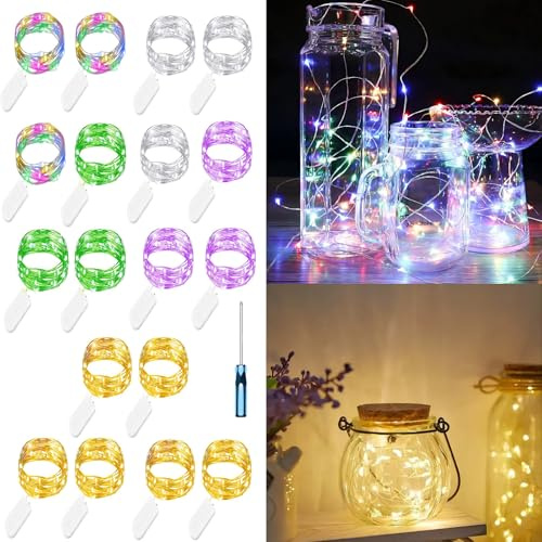 Hopelit 18 stycken LED-ljuskedja batteri 2 m 20 lysdioder med CR2032, ljusslinga inomhus silvertråd för gör-det-själv vaser presenter jul bröllop dekoration (5 färger)