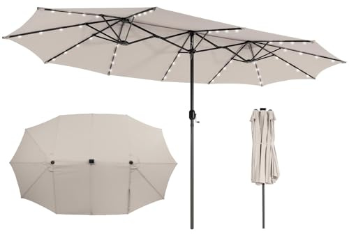 GOPLUS Parasol de Jardin Exterieur avec LED, 4,7x2,8M Grand Parasol Double Face avec Manivelle, 12 Baleines, Protection Solaire, pour Terrasse Blacon Piscine, Pied Requis (Beige)