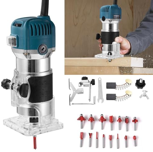Fresa verticale da 800 W, fresatrice elettrica per legno, fresatrice per bordi in legno, 220 V, 6 velocità, 40000 giri/min, in alluminio (scatola di carta) + 1 coltello dritto + 15 pezzi