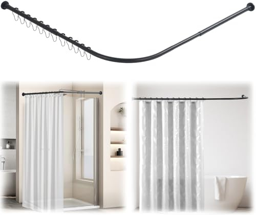 Duschvorhangstange L Form,Duschstange FüR Duschvorhang,Verstellbare Ecke Duschvorhangschiene mit 12 Haken,Dehnbare 304 Edelstahl Eckduschstange(Bohrmontage erforderlich) (68-98cm x 192-222cm Schwarz)
