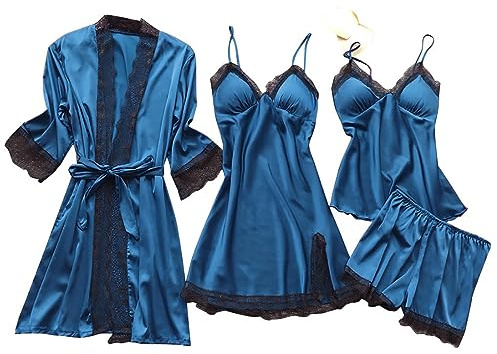 Cocila Pigiama Pinocchietto Donna Cotone Donna in Pizzo, Lingerie, Camicia da Notte Pigiami Corta Scollo a V e 4 Pezzi Pigiama Estivo Set da Sexy Sciolto Sottoveste Marina Militare L