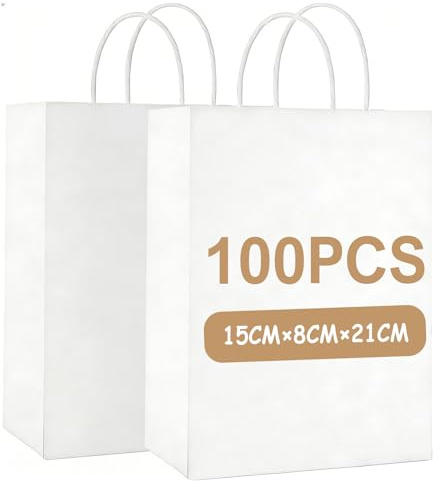Gaoyong 100 st presentpåsar, papperspåsar med handtag, papperspåsar vita för jul, fest, födelsedag, bröllop, skördefest