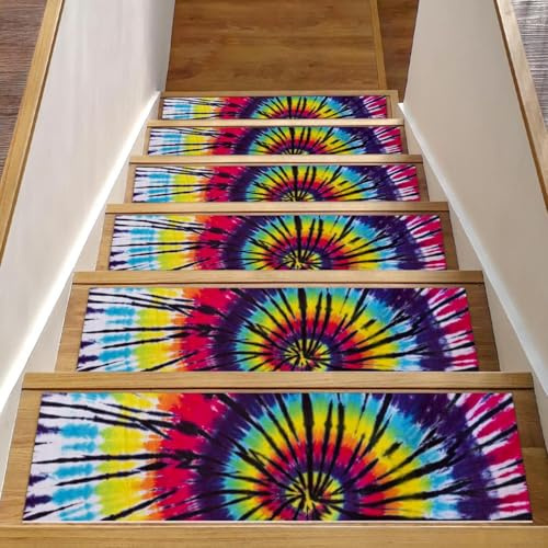 Eslifey Bunte Stufenmatten für Holzstufen, Batikfärbung, Spiralmuster, 76,2 x 20,3 cm, rutschfest, für Hunde, Kinder, ältere Menschen, mit wiederverwendbarem Klebstoff, 15 Stück