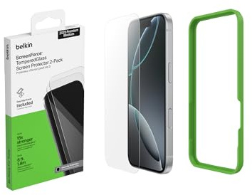 Belkin ScreenForce TemperedGlass iPhone 17 Pro Screen Protector, Scratch-Resistant Impact Protection, Easy Align Frame for Bubble Free Application Included, 9H Hardness Tested - 2-pack