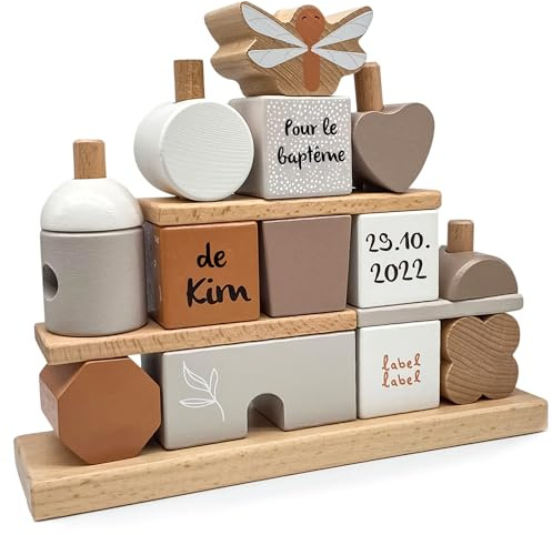 Personnalisable Maison de baptême en bois (Nougat) – favorise la motricité fine & l’imagination – pour enfants à partir de 18 mois – personnalisée avec le prénom et la date de baptême – Label Label