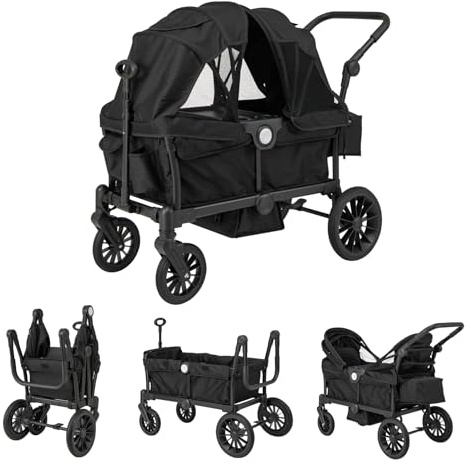 GOPLUS Geschwisterwagen, Zwillingskinderwagen mit 2 Sitzen, Geländereifen, Faltbares Sonnendach, Verstellbarer Griff, Zwillingsbuggy faltbar mit Sicherheitsgurt, Kinderwagen ab 6 Monate (Schwarz)