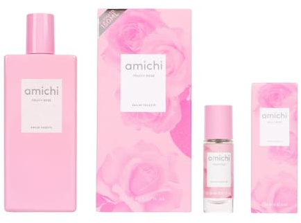 AMICHI - Fruity Rose Promoción 150 ml + 12 ml, Colonia Mujer, Pack 2 Productos, Perfume Mujer, Eau de Toilette Femenina, Agua Fresca, Fragancia Afrutada Floral