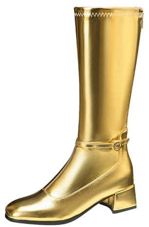 XINXINIO Botines para mujer con aspecto metálico, punta cuadrada con tacón de bloque de 4,5 cm, cremallera lateral para fiestas y vida urbana, dorado, 32 EU