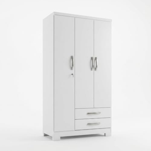 Befara Armario Individual Alain 3 Puertas y 2 Cajones – Mueble de Almacenaje en MDF con Cerradura, Estilo Moderno 91x46,5x180,5 cm - Blanco