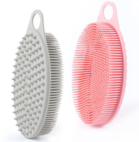MtBoi 2 Pack Silicone Exfoliating Body Scrubber, Soft Silicone Loofah for Sensitive Skin, 2-in-1 Body Brush & Shower Head Massager, Easy to Clean, Rich Lather (Gray&Pink)