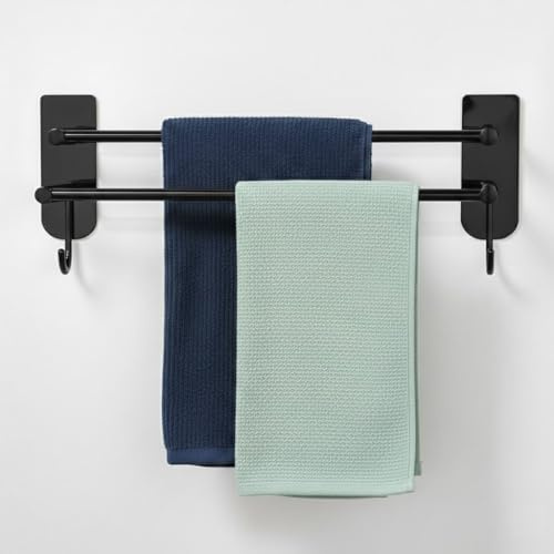 Porte-serviettes double sans perçage 40 cm - Barre autocollante avec 2 crochets en acier inoxydable - Montage mural étanche pour salle de bain, cabine de douche, sauna et cuisine