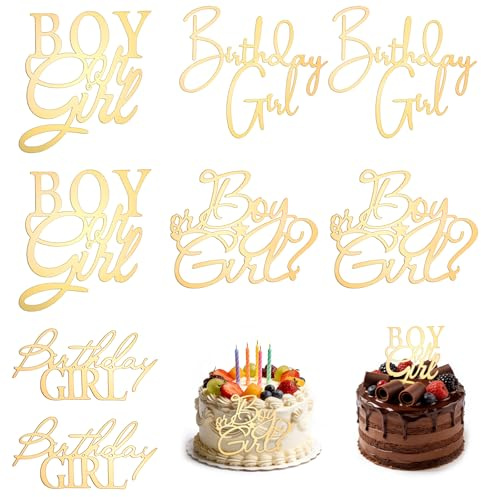 8PCS Gender Reveal Cake Decorations, Gender Reveal Cake Topper, Gold Glitter Acrylic Boy or Girl Party Decoration for Gender-Reveal Party and Photo Booth Props