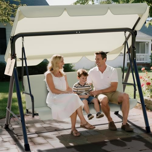 Soontrans Hollywoodschaukel 3-Sitzer für Entspannte Nachmittag im Garten, Gartenschaukel mit Polsterauflage & Verstellbarem Sonnendach, aus Stahlgestell & Textilene-Gewebe (193 x 110 x 152 cm, Beige)
