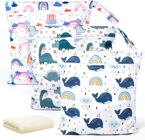 Wetbag Kindergarten 3er Pack - Wasserdichte Nassbeutel mit Frotteetuch | wiederverwendbare Tasche für Kleidung, Badesachen & Windeln, mit Druckknopf – für Kita, Reise, Schwimmen