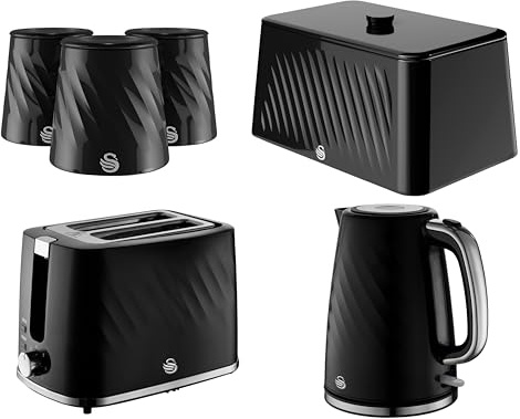 Swan Windsor Kitchen Set in Black - 1.7L 3KW Kettle, 2 Slice Toaster, Breadbin & 3 Canisters. Contemporary Matching Set in Black with Textured Finish with Chrome Accents