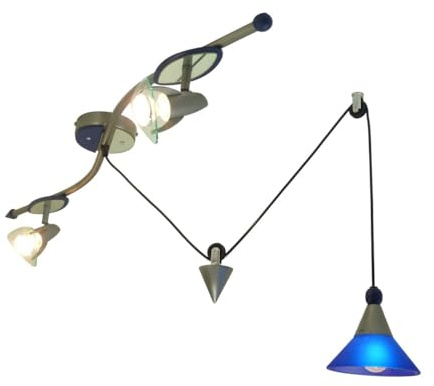 Dapo Decken-Strahler Decken-Spot mit einer verstellbaren Yo-Yo Pendelleuchte, 2 x Strahler Metall Silber lackiert und Acryl-Vorsatz-Scheibe, Metall Platte/Spiegel, 1 x Pendelleuchte mit blauem Glas
