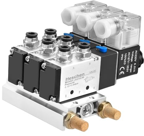 Heschen Eléctrica neumática triple válvula solenoide 4V210-08, AC220V, PT1/4'', 5 vías 2 posiciones, Manifold Base Silenciador Rápido Accesorios Conjunto