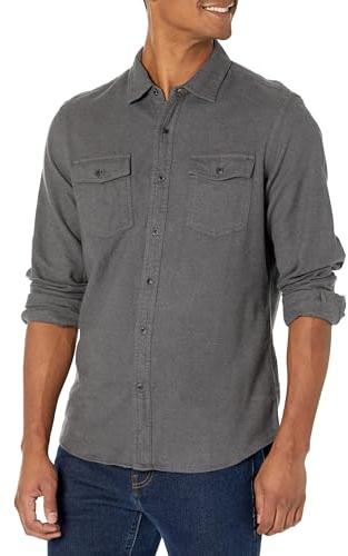 Amazon Essentials Men's Långärmad flanellskjorta med två fickor smal passform, Kolsvart ljung, XL