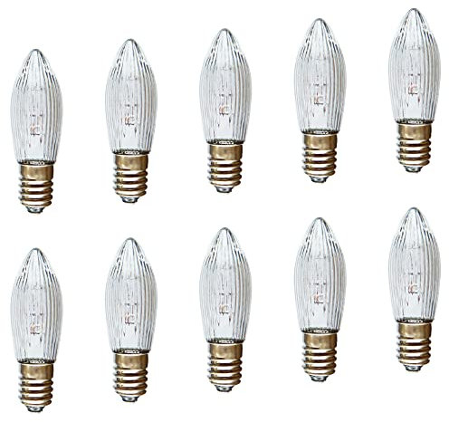 netSells AUSWAHL 8V - 55V 10er Set - 34V 3W Topkerze Riffelkerze Spitzschaftkerze - für Schwibbogen u. Lichterketten - für INNEN - für 7 Brennstellen - klar