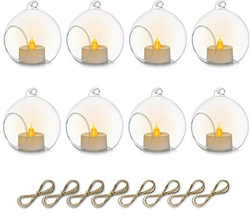 Sziqiqi 8cm Windlicht Hängend Glas Teelichter Halter 8 Stücke Kerzenleuchter Glasanhänger mit LED Kerze, Hängende Glasball Kerzenhalter Kerzenständer für Hochzeits Party Tisch Weihnachts Garten Deko