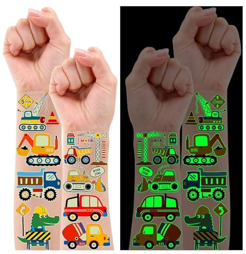 Leesgel Bagger Tattoos für Kinder, 12 Blätter Leuchtende Kindertattoos jungen mit Baustelle Thema, Mitgebsel Kindergeburtstag Deko Kinderspielzeug Geschenke für Junge