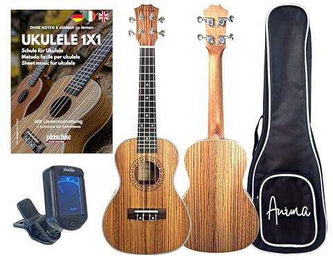 ANIMA Zebrana Konzert Ukulele Zebrano inkl. Tasche & Lehrbuch, auffälliger Klang für Einsteiger & Fortgeschrittene
