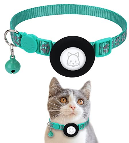 SimpleThings AirTag Katzenhalsband mit Apple AirTag Halter, GPS-Tracking, wasserdicht, reflektierende Pfoten, verstellbar (22-35 cm), Grün, für kleine Katzen