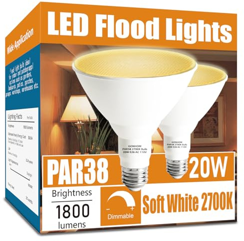 Gonhom Par38 led Flood Lights Outdoor Light Bulb,Dimmable 1800LM,20W Replace up to 200W,Outdoor Flood Light Bulbs for Backyard,Garage,Porch,Garden,2 Pack 2700K Warm Light