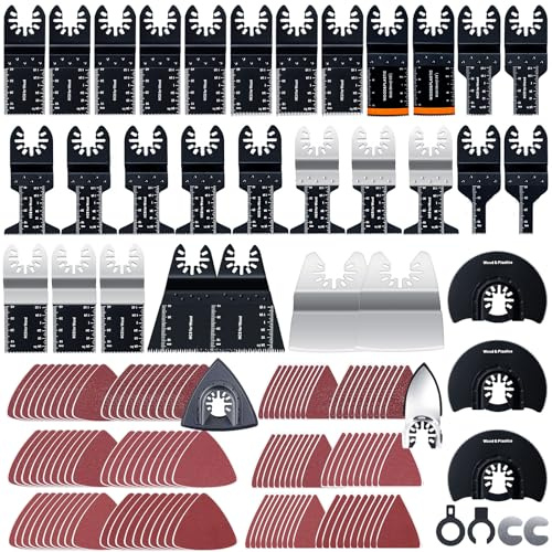 CONNOO 158 Pack Oscillating Saw Blades, Oscillating Tool Blades with Sandpaper, Multitool Bi-Metal Blades Kits for Wood Metal Plastics Quick Release Fit Dewalt Ryobi Rockwell Makita