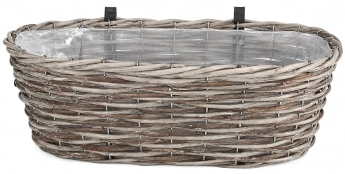 Muddy Hands Wicker Hanging Balcony Planter with Plastic Liner & Metal Hooks for Fence, Railings & Garden Balcony Flower Box Basket 45cm