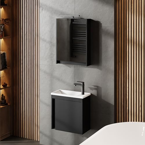 Planetmöbel Waschbecken mit Unterschrank 50 cm Schwarz matt | Spiegelschrank Bad mit Beleuchtung 50 cm, Waschtisch Badmöbel Gäste WC Set, 2 teilig