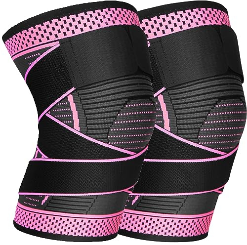 Ruilala Genouillère Sport 2 Pièces Genouillère pour femmes et hommes Élastique Réglable Genou Bandage Attelle Genou pour running ligamentaire menisque arthrose (rose rouge, L)