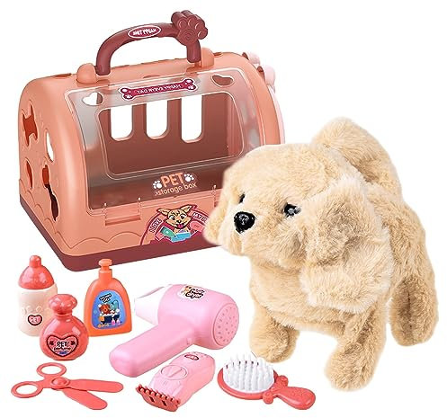 Sobebear Pet Care Playset - 12PCS Dog Grooming Toy with Soft Plush Dog, Carry Crate, Hair Dryer, Brush & Accessories - Pretend Play Vet and Pet Grooming Kit for Girls and Boys Ages 3+ Years