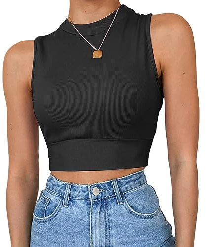 QKEPCY Camiseta Tirantes Mujer Tank Top Camisola Verano Cuello Alto Crop Top sin Mangas Blusa Elástica Ropa Deportiva Tops Cortos Acanalados Camisetas Básicas