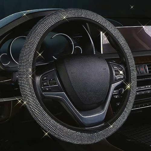 Lenkradbezug mit Strasssteinen, besetzt mit glitzernden Kristalldiamanten für Damen, universelle Passform für 38 cm Lenkrad (weiß)
