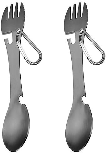 2 Pcs Camping Spork Travel Camping Cutlery Set Stainless Steel Spork Spoon Bottle Opener 5 in 1 Functional Utensil Multipurpose Metal Tableware for Outdoor Camping Hiking Fishing