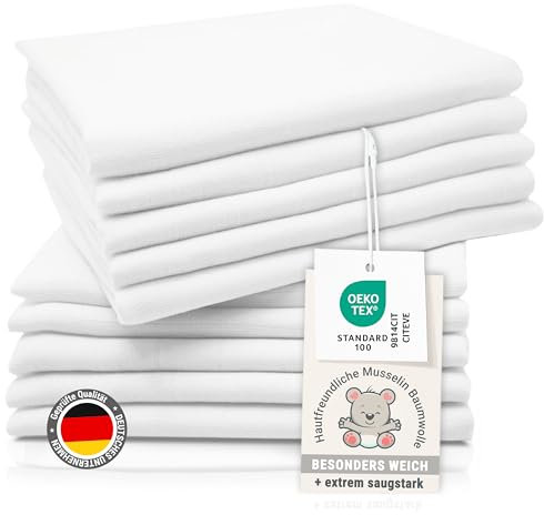 ZOLLNER 10er Set Musselin Spucktücher in 70x70 cm aus Baumwolle - hautfreundliche Mulltücher - besonders weich und extrem saugstark - waschbar bis 95°C - in weiß