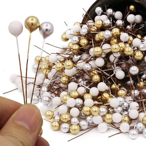 Tuxiaobu Lot de 300 baies de houx artificielles - Mini baies artificielles sur fil - 8 mm - Pour décoration de sapin de Noël, couronne, guirlande, décoration de vacances, loisirs créatifs, doré/blanc