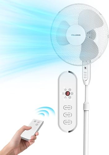 Pelonis Ventilator Standventilator, 16 Zoll Ventilator Leise mit Fernbedienung, Höhenverstellbar, 3 Geschwindigkeitsstufen und 7 Stunden Timer