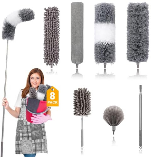 KAYBTNT Microfiber Dusters for Cleaning, Ceiling Fan Cleaner Duster with Extension Pole, Extendable Dusting Wand Feather Duster for High Ceiling, Washable Bendable Long Handle Duster (8 Pack)
