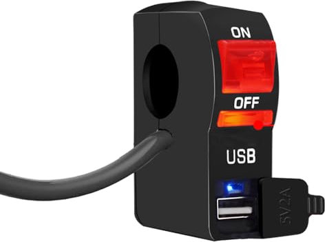 Gebildet 22mm 12V/5A LED rosso manubrio moto interruttore a pulsante on off con caricatore USB 12V2A interruttore di controllo fari compatibile per la maggior parte delle moto, scooter o motoslitte