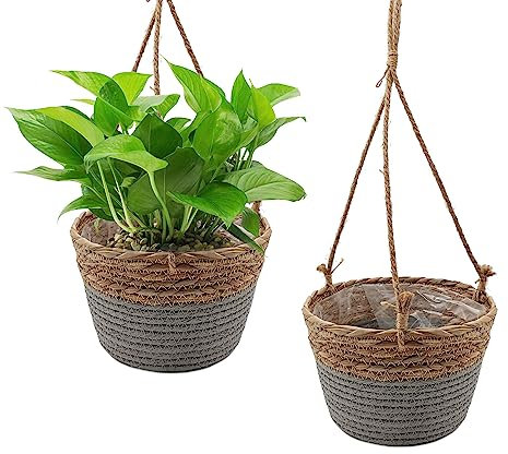 Blumentopf Hängende Seagrass Pflanzenkorb,2 Stücke Boho Blumenampel 20cm Handgewebter Pflanzen Pflanzkübel Hängetopf Korb Natürlicher Pflanzkorb Hängeampel Pflanzenampel, Grau