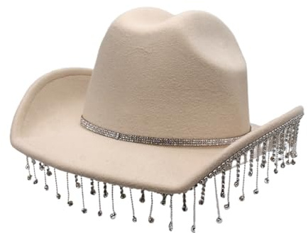 MONOJLY Cowboyhut für Damen, Strass, Glitzer, glitzernd, Fransen, Cowboyhut für Party, Musik, Festival, breite Krempe, beige, 6 1/8-7 3/8