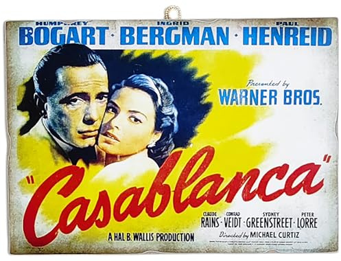 KUSTOM ART Cuadro de la serie de carteles de cine Celebri Casablanca con Humprey Bogart e Ingrid Bergman Impresión sobre madera 25 x 18 cm.